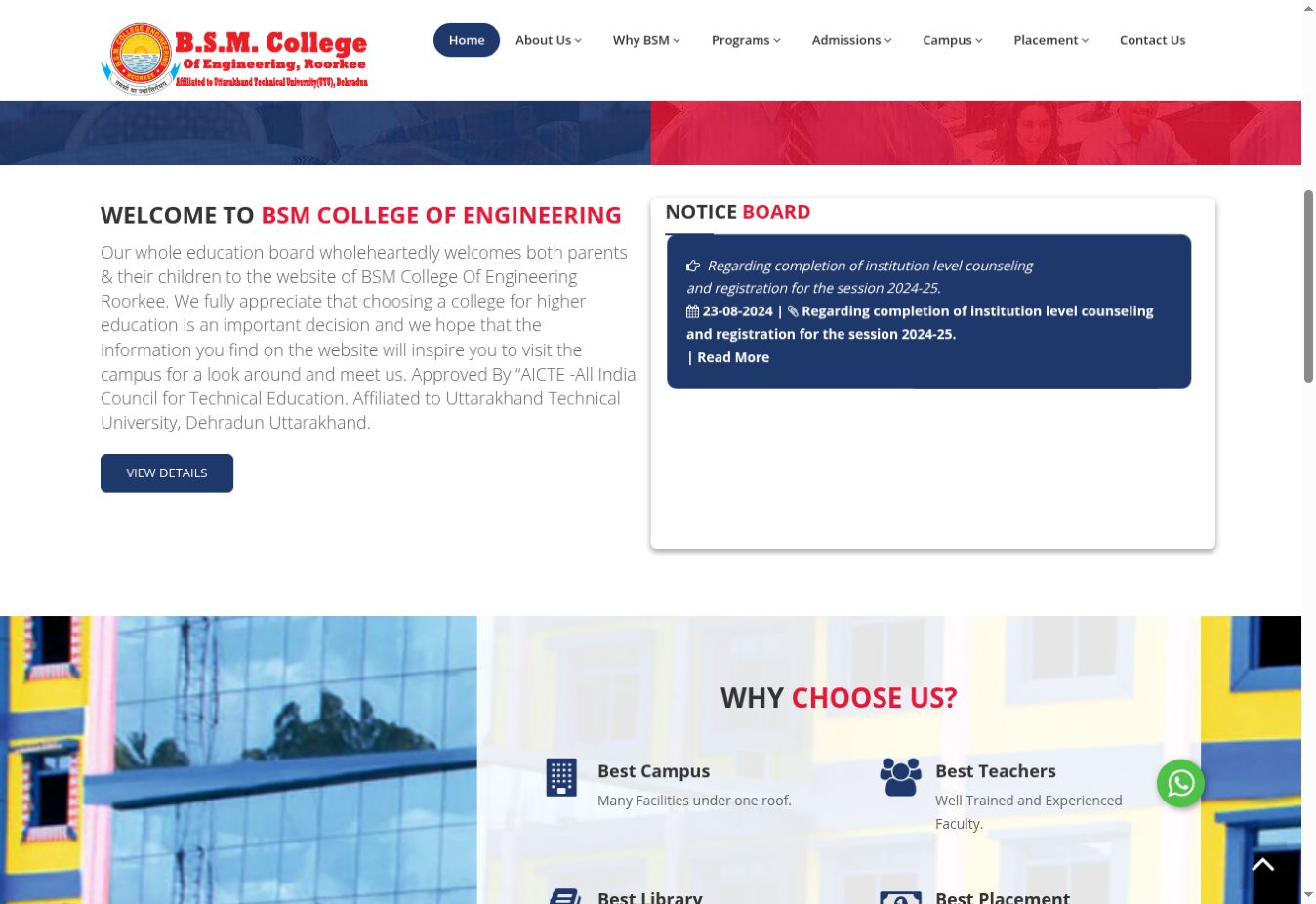 BSM College of Engineering homepage content screenshot