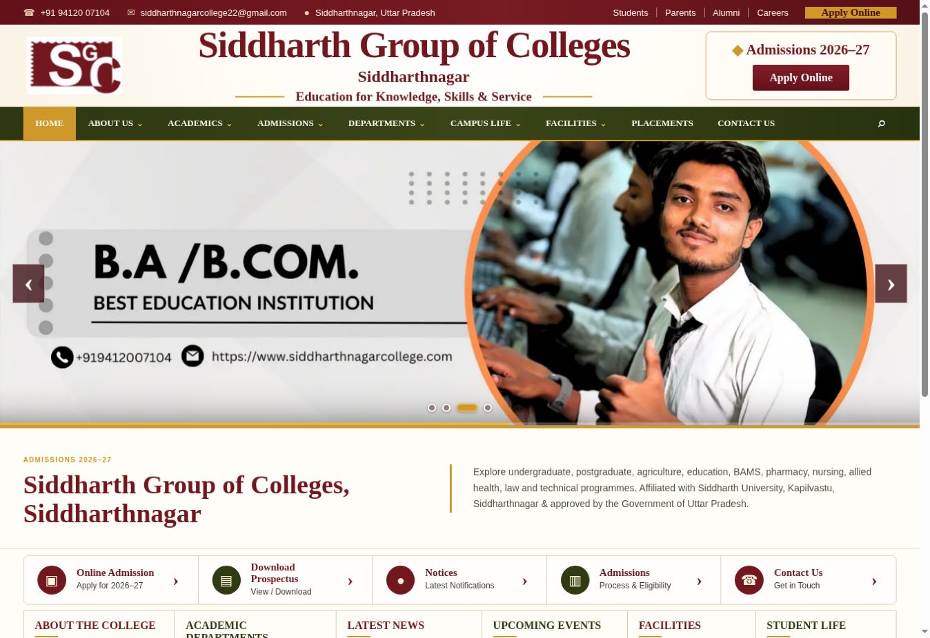 Siddharth Group of Colleges homepage screenshot