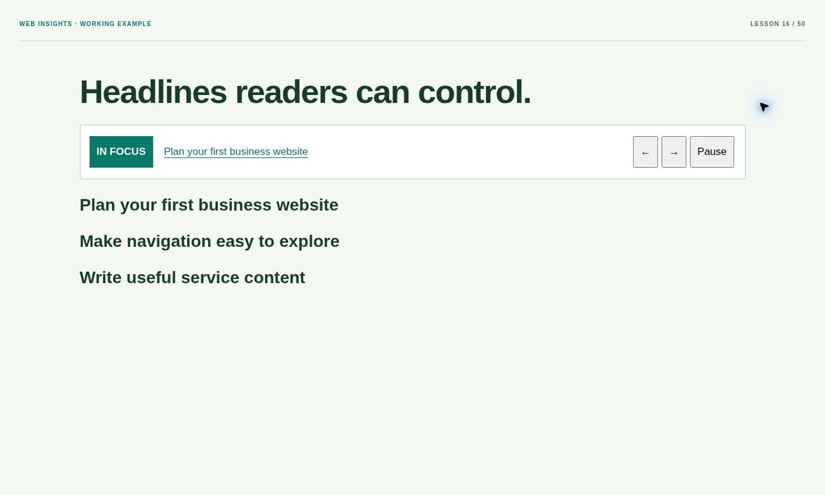 Example preview: How to Make a News Flash Ticker with Pause and Arrow Controls